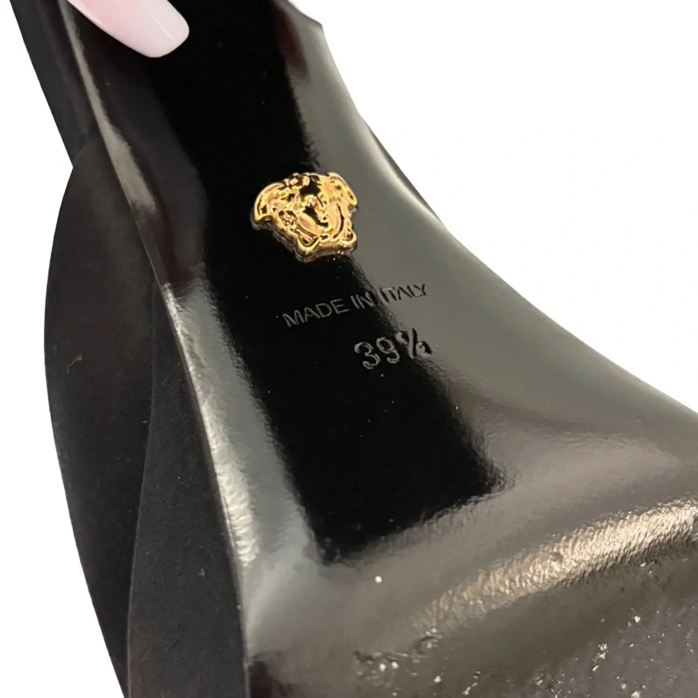 Versace Medusa Aevitas Black Satin Pumps Platform Crystal Heel EU 39.5 US 9.5